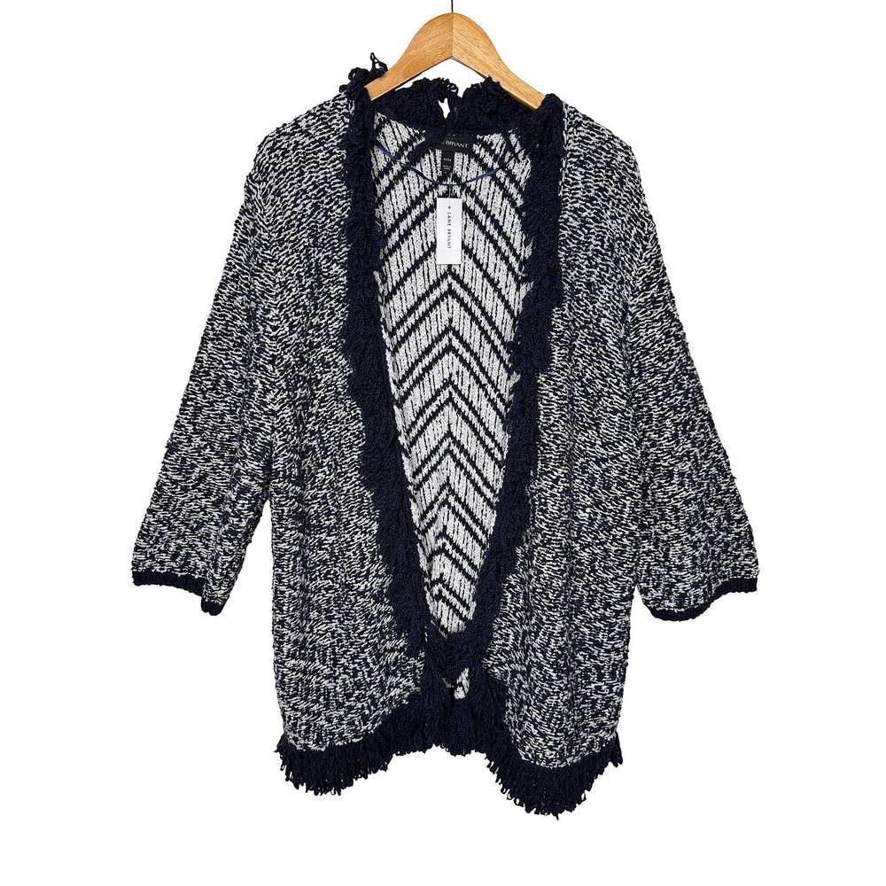 New Lane Bryant 22/24 Blue White Chunky Knit Fringe Open‎ Front Cardigan Cozy